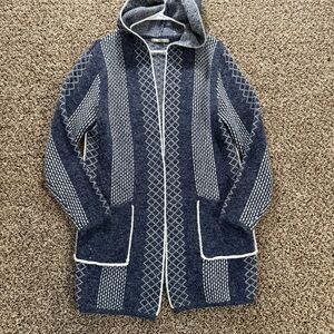 Griffin Paris Womens S/M Hooded Knit Cardigan‎ Blue Geometric Longline Sweater